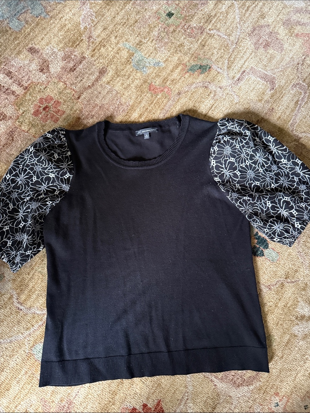 Adrianna Papell Black Knit Top with White Floral Puff Sleeves